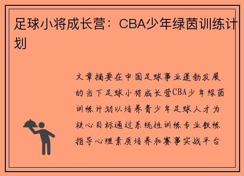足球小将成长营：CBA少年绿茵训练计划