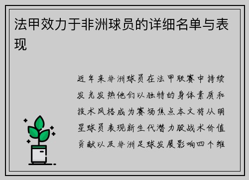 法甲效力于非洲球员的详细名单与表现